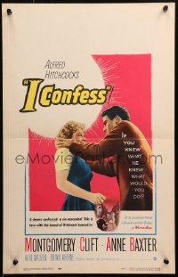 5w0464 I CONFESS WC 1953 Alfred Hitchcock, art of Montgomery Clift shaking Anne Baxter!