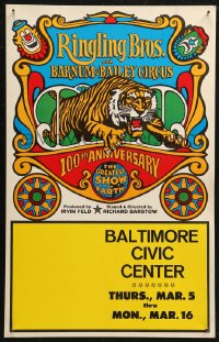 5w0552 RINGLING BROS & BARNUM & BAILEY CIRCUS WC 1969 100th anniversary, great tiger & clowns art!