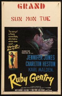 5w0559 RUBY GENTRY WC 1953 artwork of super sleazy bad girl Jennifer Jones kissing Charlton Heston!