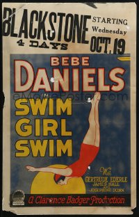 5w0598 SWIM GIRL SWIM WC 1927 great art of Bebe Daniels diving into swimming pool, ultra rare!