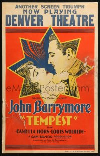 5w0606 TEMPEST WC 1928 romantic close up art of John Barrymore & beautiful Camilla Horn, ultra rare!