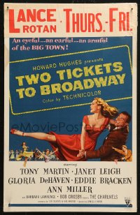 5w0621 TWO TICKETS TO BROADWAY WC 1951 great art of Janet Leigh & Tony Martin, Howard Hughes, rare!