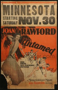 5w0624 UNTAMED WC 1929 sexy young Joan Crawford on tropical island, great art, ultra rare!