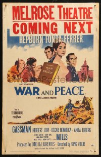 5w0630 WAR & PEACE WC 1956 art of Audrey Hepburn, Henry Fonda & Mel Ferrer, Leo Tolstoy epic!