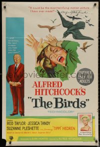 5x0352 BIRDS Aust 1sh 1963 director Alfred Hitchcock shown, Tippi Hedren, intense litho art!