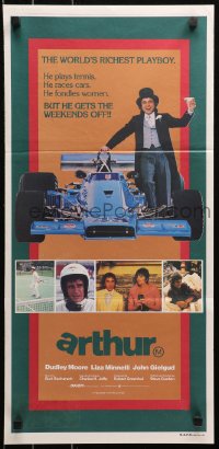 5x0435 ARTHUR Aust daybill 1981 different image of drunk Dudley Moore by F1 race car!