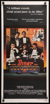 5x0479 DINER Aust daybill 1983 Barry Levinson, Kevin Bacon, Daniel Stern, Rourke, art by Joe Garnett