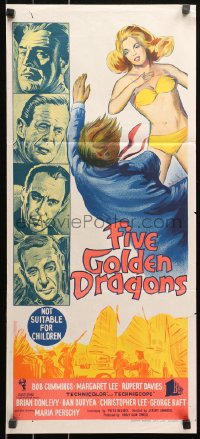 5x0501 FIVE GOLDEN DRAGONS Aust daybill 1967 Christopher Lee, girls, gold, intrigue, cool montage art!