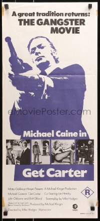 5x0512 GET CARTER Aust daybill 1972 image of Michael Caine w/ shotgun & sniper with rifle!