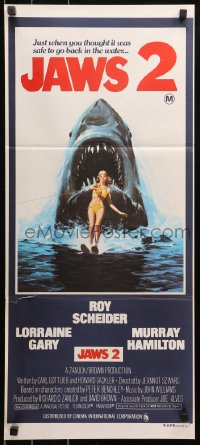 5x0551 JAWS 2 Aust daybill 1978 art of giant shark attacking girl on water skis by Lou Feck!