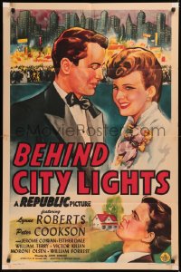 5x0771 BEHIND CITY LIGHTS 1sh 1945 artwork of pretty Lynne Roberts & New York City skyline!