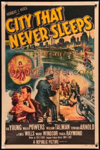 5x0851 CITY THAT NEVER SLEEPS 1sh 1953 great art of gunfight under elevated train in Chicago!
