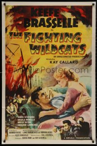 5x0981 FIGHTING WILDCATS 1sh 1957 art of Keefe Brasselle romancing Kay Callard + oil field on fire!