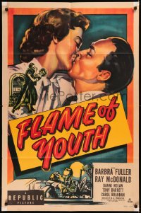 5x0990 FLAME OF YOUTH 1sh 1949 Barbra Fuller, Ray McDonald, delinquent youths necking!