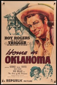 5x1091 HOME IN OKLAHOMA 1sh 1946 great headshot art of Roy Rogers, plus Dale Evans & Gabby!