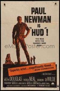 5x1113 HUD 1sh 1963 Mitchell Hooks art of Paul Newman as the man with the barbed wire soul!