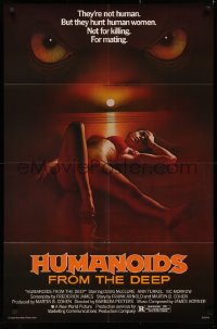 5x1114 HUMANOIDS FROM THE DEEP 1sh 1980 art of monster looming over sexy girl on beach!