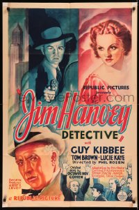 5x1136 JIM HANVEY DETECTIVE 1sh 1937 wonderful art of Guy Kibbee, Tom Brown, Lucie Kaye!
