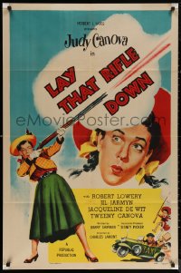 5x1177 LAY THAT RIFLE DOWN 1sh 1955 great wacky artwork of screwball Judy Canova firing big gun!