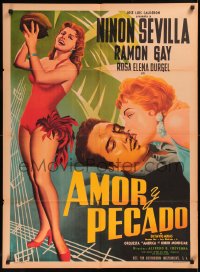 5x0068 AMOR Y PECADO Mexican poster 1956 full-length art of sexy Ninon Sevilla by L. Mendoza!