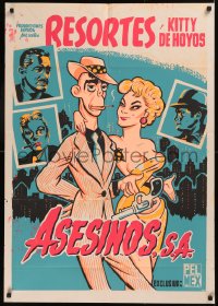 5x0070 ASESINOS S.A. export Mexican poster 1957 great art of smoking Resortes twirling gun with sexy babe!