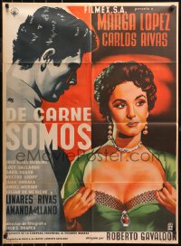 5x0077 DE CARNE SOMOS Mexican poster 1955 artwork of sexy Marga Lopez pulling her shirt open!