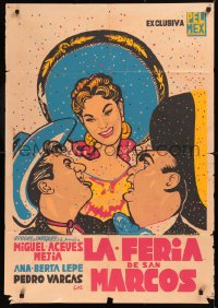 5x0098 LA FERIA DE SAN MARCOS export Mexican poster 1958 Cabral gambling art of stars & playing cards!