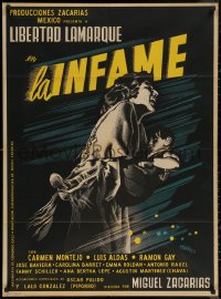 5x0101 LA INFAME Mexican poster 1954 cool artwork of mother running & holding child by Josep Renau!