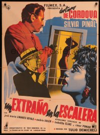 5x0136 UN EXTRANO EN LA ESCALERA Mexican poster 1955 art of de Cordova pointing gun at naked woman!