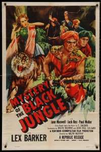 5x1276 MYSTERY OF THE BLACK JUNGLE 1sh 1955 art of Lex Barker w/rifle by tiger hunting in India!