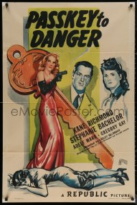 5x1329 PASSKEY TO DANGER 1sh 1946 cool sexy bad girl with gun image with giant key in background!