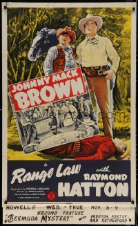 5x1373 RANGE LAW 1sh 1944 cowboys Johnny Mack Brown & Raymond Hatton with wounded man!