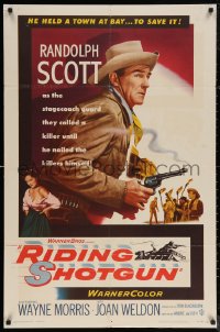 5x1387 RIDING SHOTGUN 1sh 1954 great artwork of cowboy Randolph Scott with smoking gun!