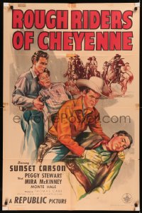 5x1398 ROUGH RIDERS OF CHEYENNE 1sh 1945 artwork of Wyoming cowboy Sunset Carson saving the day!