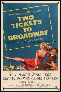 5x1549 TWO TICKETS TO BROADWAY 1sh 1951 great artwork of Janet Leigh & Tony Martin, Howard Hughes!
