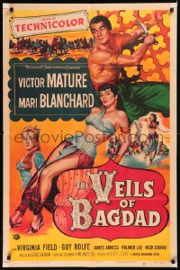 5x1558 VEILS OF BAGDAD 1sh 1953 art of barechested Victor Mature & sexy harem girl Mari Blanchard!