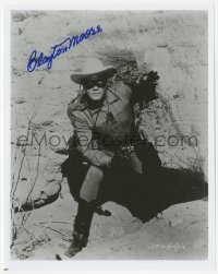 5y0774 CLAYTON MOORE signed 8x10 REPRO still 1958 in costume as The Lone Ranger with gun drawn!