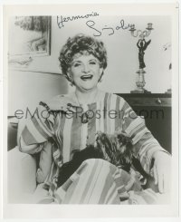 5y0807 HERMIONE GINGOLD signed 8x9.75 REPRO still 1980s the English actress laughing w/ dog on lap!