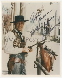 5y0701 HUGH O'BRIAN signed color 8x10.25 REPRO still 1980s great portrait w/gun as TV's Wyatt Earp!