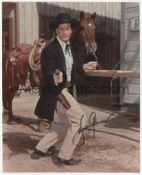 5y0703 JAMES GARNER signed color 8x10 REPRO still 1990s great portrait with gun drawn from Maverick!