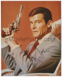 5y0725 ROGER MOORE signed color 8x10 REPRO still 1980s great portrait of the 007 star with gun!