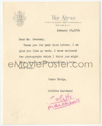 5y0172 COLETTE MARCHAND signed letter 1954 sending two photos to a fan who sent a nice letter!
