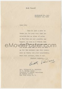 5y0175 DICK POWELL signed letter 1943 on his stationery to personal army friend during WWII!