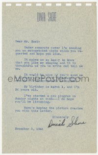 5y0176 DINAH SHORE signed letter 1941 she started a new Sunday night radio show at age 24!