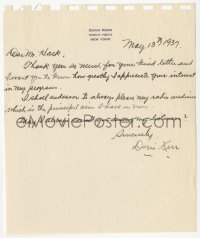 5y0178 DORIS KERR signed letter 1937 answering a fan letter on her personal stationery!
