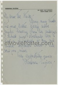 5y0186 FREDERIC TOZERE signed letter 1940s every actor enjoys hearing from his audience!