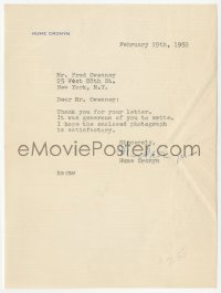 5y0190 HUME CRONYN signed letter 1952 sending a photo to a fan who wrote a nice letter!