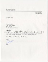 5y0193 JANET LEIGH signed letter 1997 she won't be back in time for the Vision Awards!