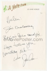 5y0196 JO ANNE WORLEY signed letter 1980s sending a bio and pix to a friend!