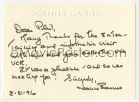 5y0197 JOANNA BARNES signed letter 1996 thanking Phil Petras for his video about the Tarzan movies!